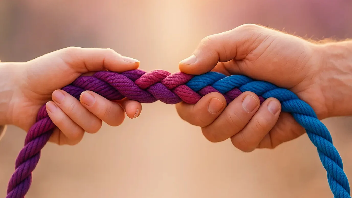 Zwei Hände treffen sich in der Bildmitte und halten eine geflochtene Leine in tiefem Violett (#8A3279), kräftigem Magenta (#C34B9A) und beruhigendem Blau (#1374b8) – Sinnbild für Hoffnung, Verbundenheit und Unterstützung.